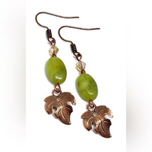 Green Irish Connemara Marble Antique Copper Leaf AB Gold Crystal Dangle Earrings